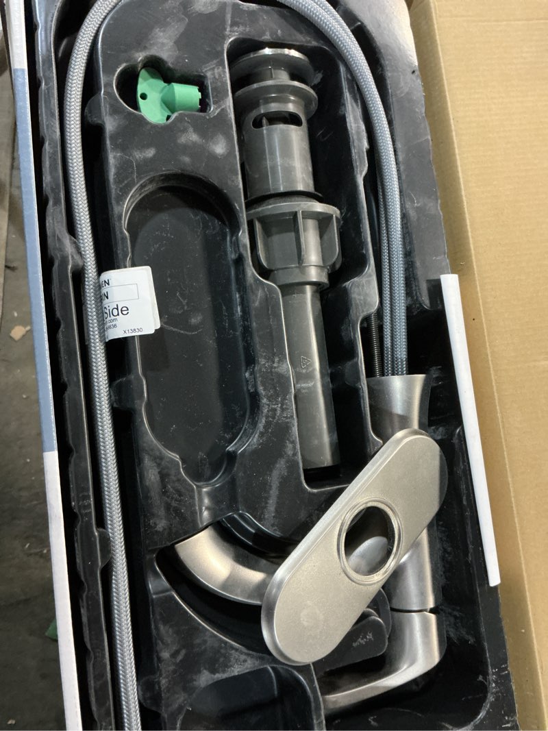 Condition photo showing As Is for Moen Karis Spot Resist Brushed Nickel One-Handle Single Hole Bathroom Sink Faucet with Optional Deck Plate, 84346SRN