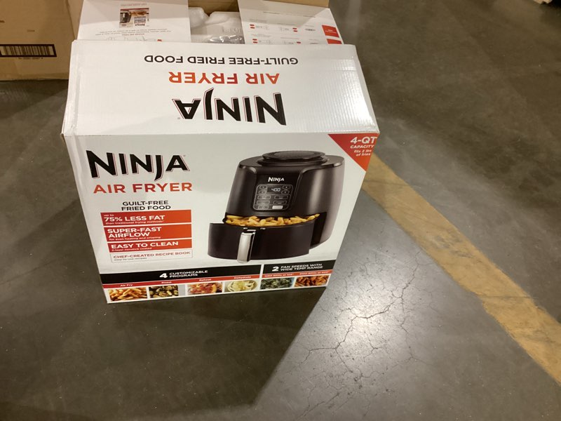 Condition photo showing New/Like New for ninja air fryer | 4 qt capacity | 4-in-1 roast, crisp, roast, reheats, & dehydrates | dishwasher safe parts | 105°f-400°f | includes 20 easy & healthy recipes | 1550 watt | grey | af101