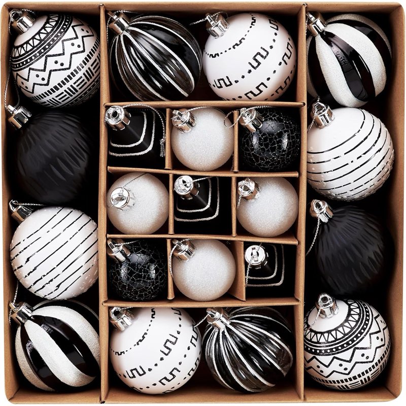 Black White Christmas Ornaments, 21ct Boho Christmas Ornaments for Tree Decorations, Shatterproof Plastic Decorative Hanging Ball Bulk Set for Xmas Holiday Home Indoor Party Decor