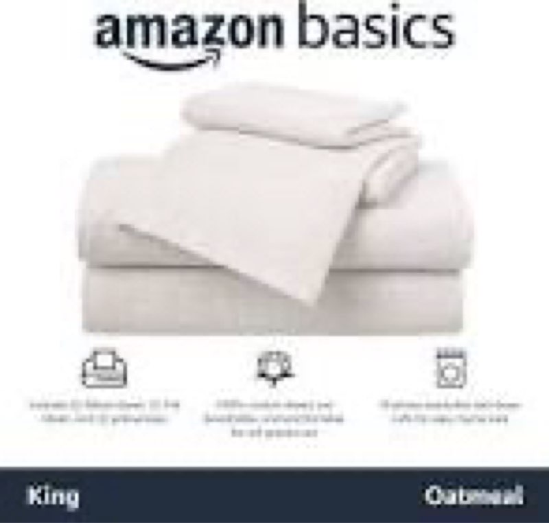 amazon basics 4 piece bed sheets set, 100% cotton jersey, includes super soft, flat and fitted sheets, pillowcase, king, oatmeal, solid king oatmeal