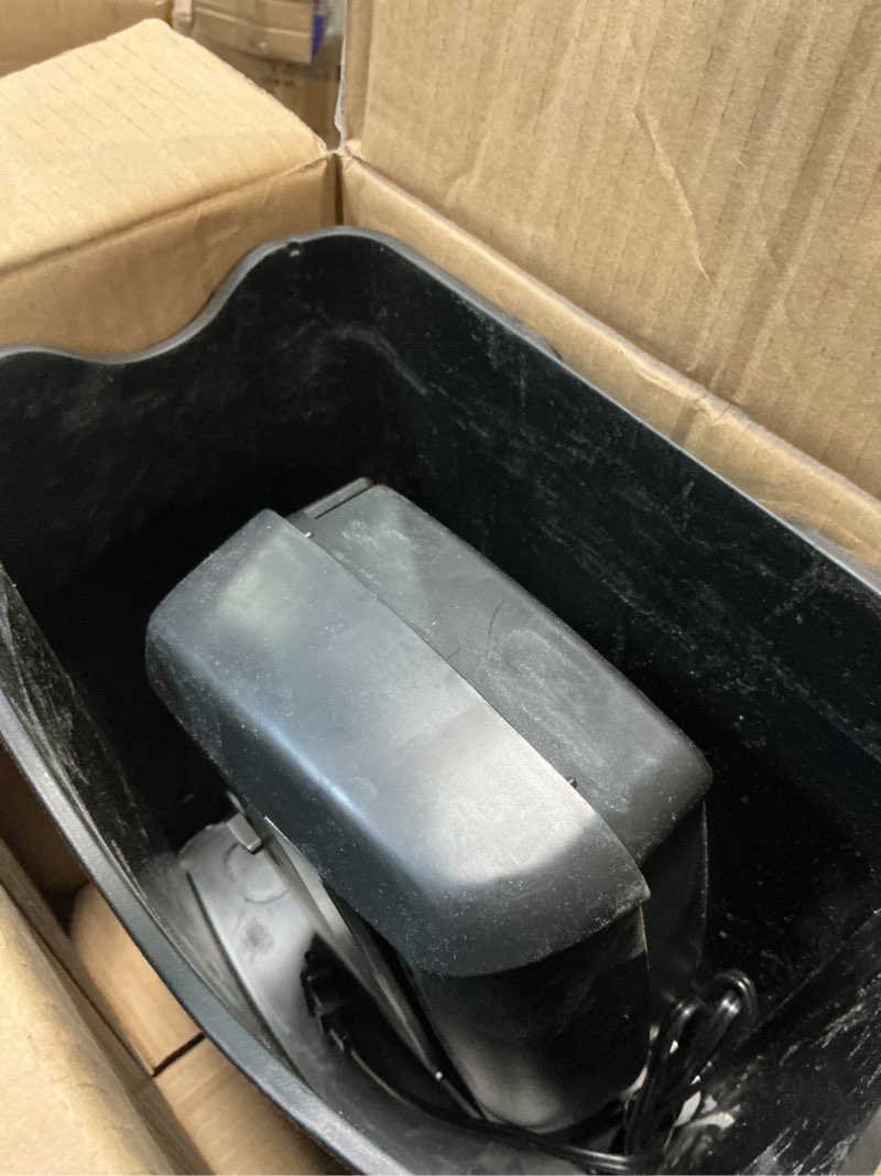 Condition photo showing As Is for amazon basics 6-sheet cross-cut paper and credit card shredder with 3.8 gallon bin, shreds staples, black 6 sheet black