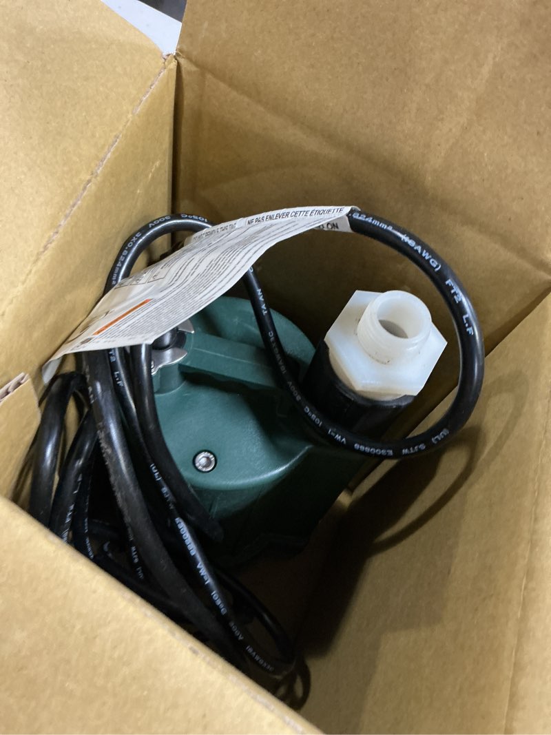 Condition photo showing As Is for zoeller 1/3 hp 2100 gph thermoplastic electronic switch bottom ac submersible utility pump