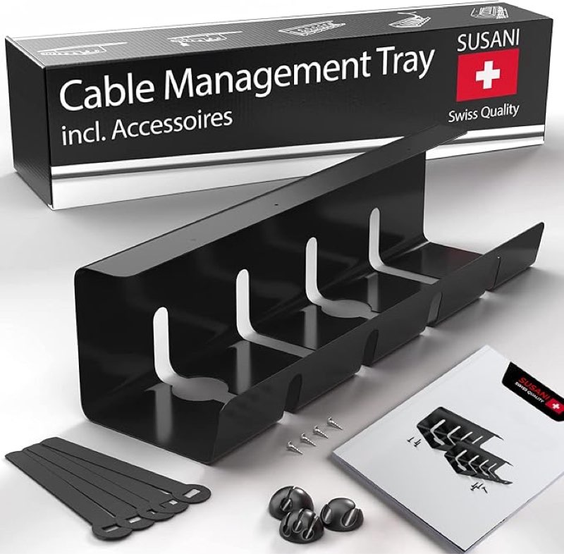 Condition photo showing New/Like New for susani under desk cable management tray – black desk cord organizer carbon steel – perfect size, incl. practical accessories