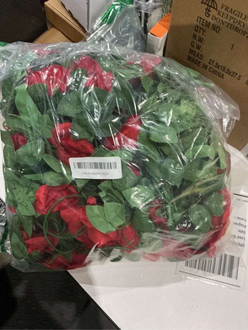 Condition photo showing Good Condition for 4 pack (32ft) artificial rose vine fake flowers garland hanging silk rose ivy plants vine for mother's day wedding arch party wall indoor and outdoor aesthetic art décor (red) red 4