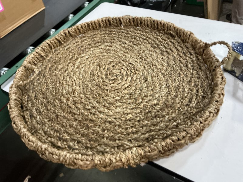 Condition photo showing Good Condition for Boho MCM Winnowing Round Basket Tray 21" Woven Gathering Cottage Handles Raffia