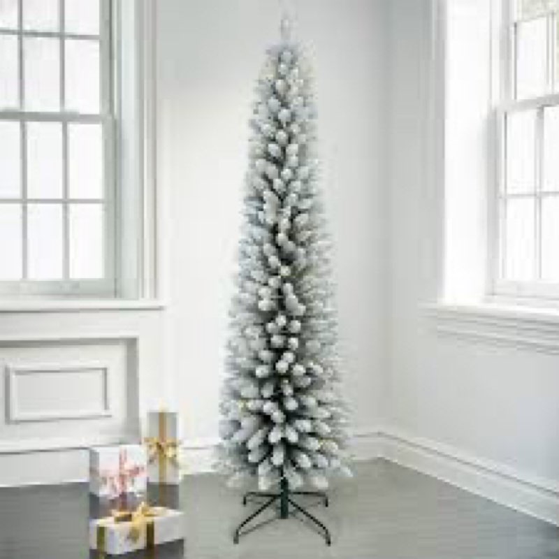 5ft pre-lit pencil christmas tree, snow flocked skinny artificial christmas trees, slim snowy xmas t