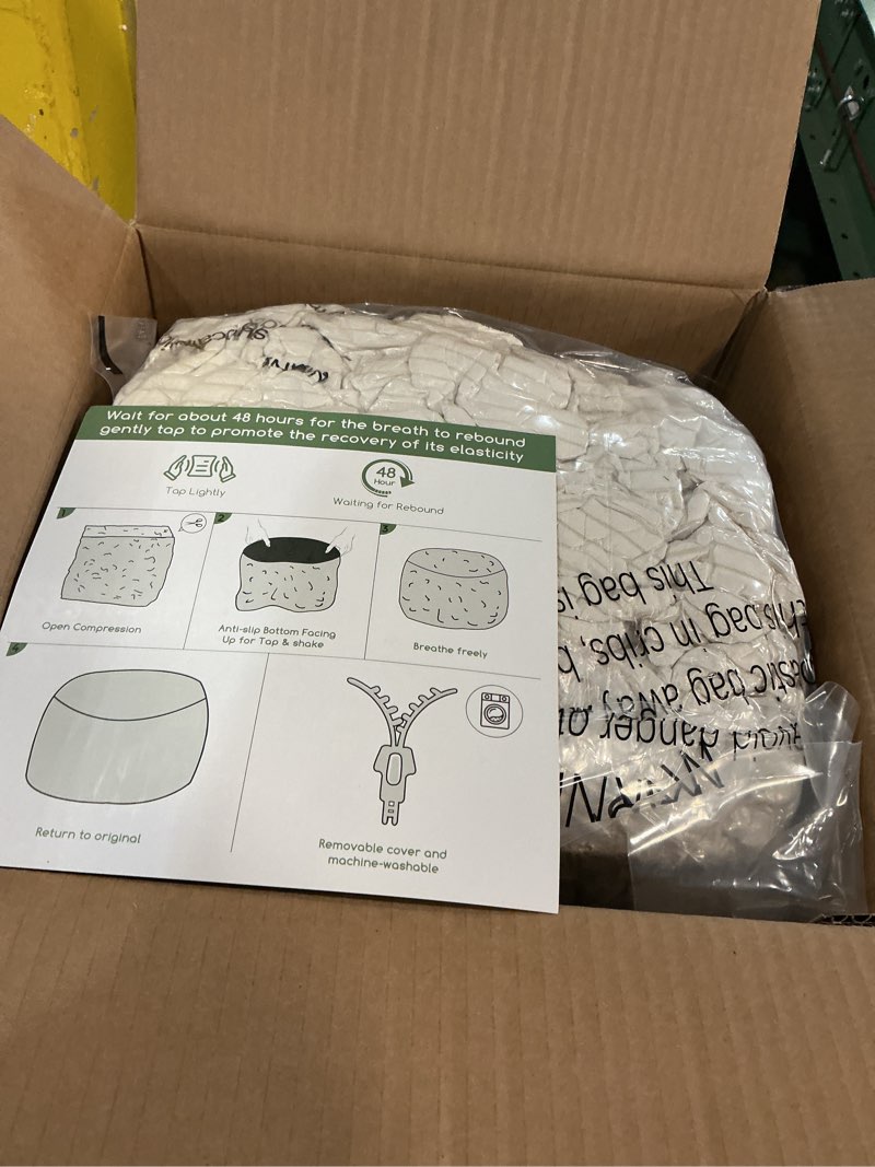 Condition photo showing New/Like New for HIGOGOGO Round Stuffed Pouf Ottoman, Corduroy Poufs with Foam Chunk Filling, Furry and Fluffy Pouf Foot Stool Storage Ottoman, 20 X 15 Floor Poufs Foot Rest for Living Room, Beige 20 inch Beige