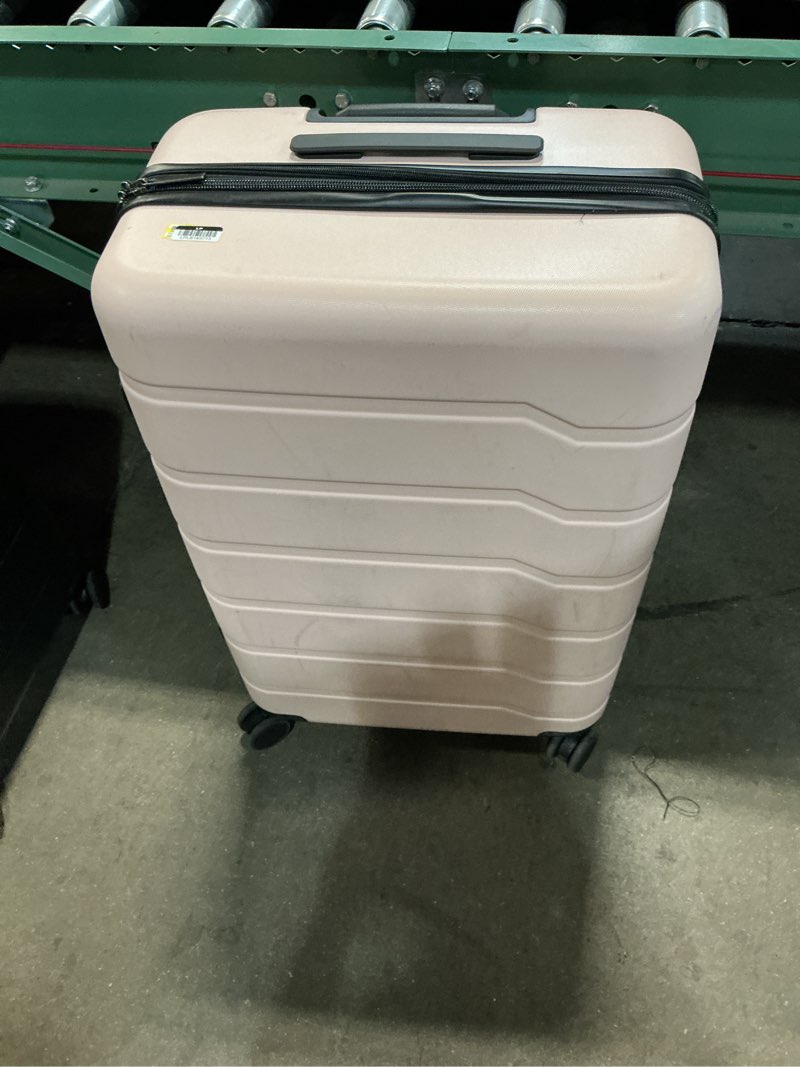 Condition photo showing As Is for hardside medium checked spinner wheels suitcase pink - open story
