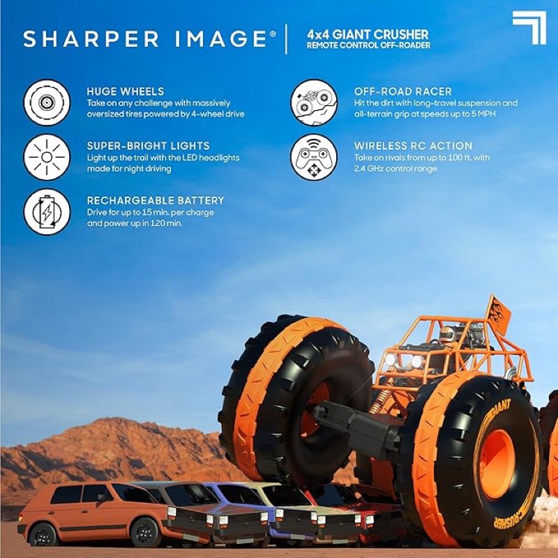 Sharper Image® 4x4 Giant Crusher Remote Control 4WD Truck, High-Speed Off-Road Monster Truck, All-Terrain Tires, LED Headlights, USB-C Rechargeable Battery, Oversized Shocks, 2.4 GHz Wireless Control