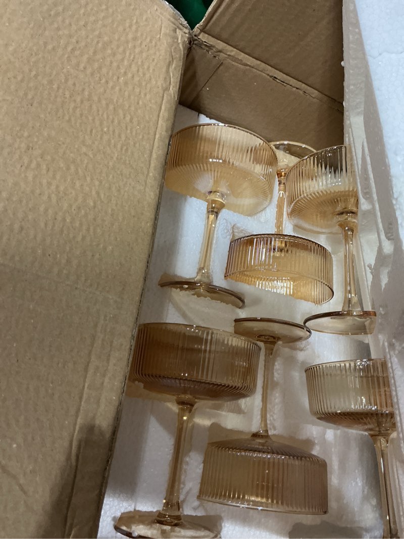 Condition photo showing New/Like New for martini glasses set of 24,vintage champagne cocktails glasses,10.5 ounces large amber ribbed coupe drinking wine glasses goblet,margarita glasses for bar,dessert,cocktail glassware gift set luxury amber 24 pcs