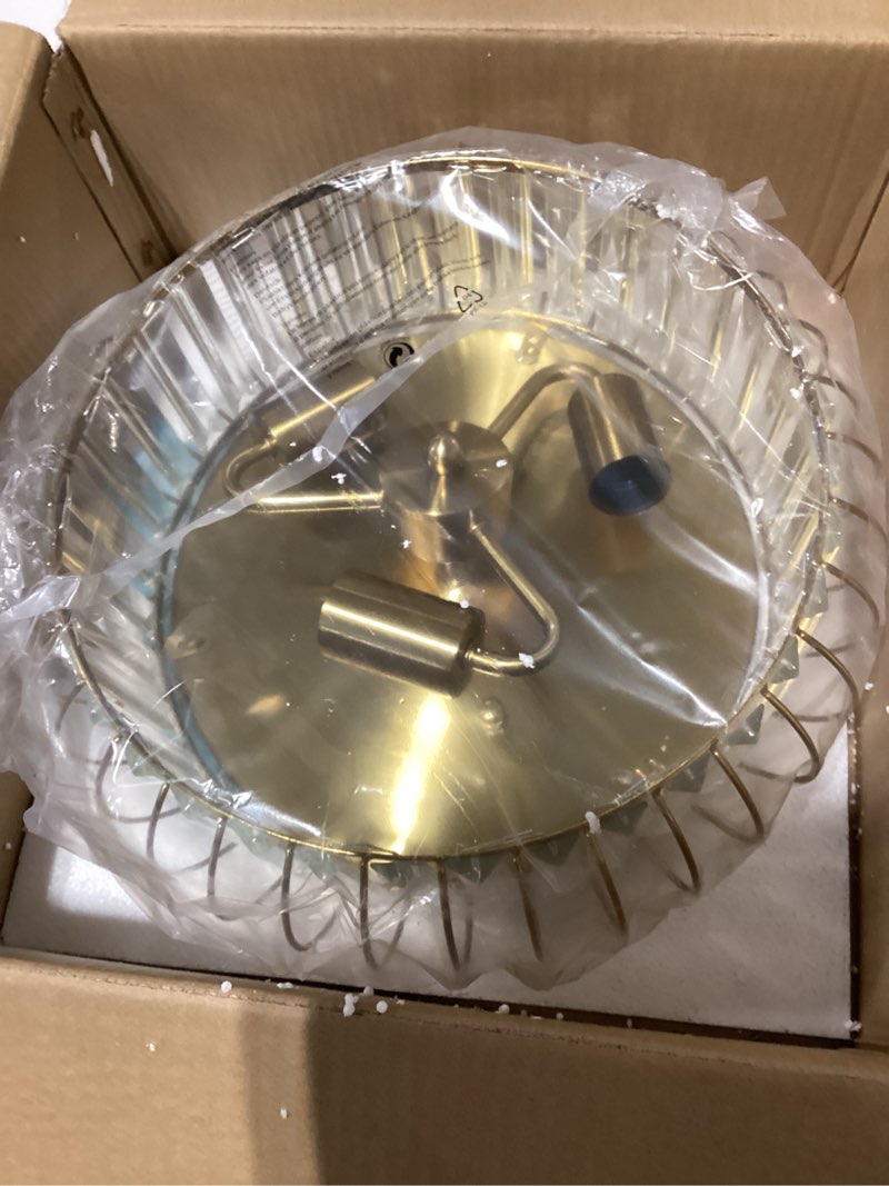 Condition photo showing As Is for YYJLX Crystal Flush Mount Ceiling Light Fixtures Modern Gold Ceiling Light 3 Light Ceiling Chandelier for Hallway Bedroom Bathroom Foyer Living Room Dining Room Kitchen. Gold Large