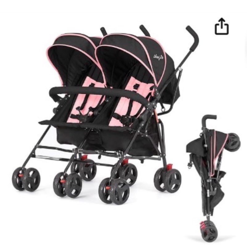 dream on me volgo twin baby stroller, lightweight side-by-side double umbrella stroller with adjustable canopy, 5-point harness, storage basket & travel-friendly fold – pink