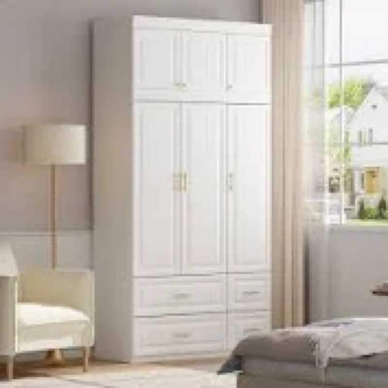 Modern Freestanding Wardrobe Armoire With Hanging Rods, Shelves & Drawers 