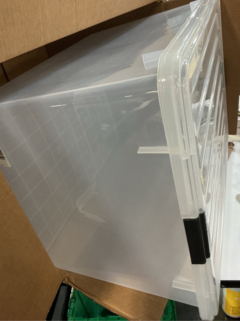 Condition photo showing As Is for iris usa 132 qt stackable plastic storage bins with lids, 1 pack - bpa-free, see-through organizing solution, latches, durable nestable containers, secure pull handle, made in usa - clear clear 144 qt. - single