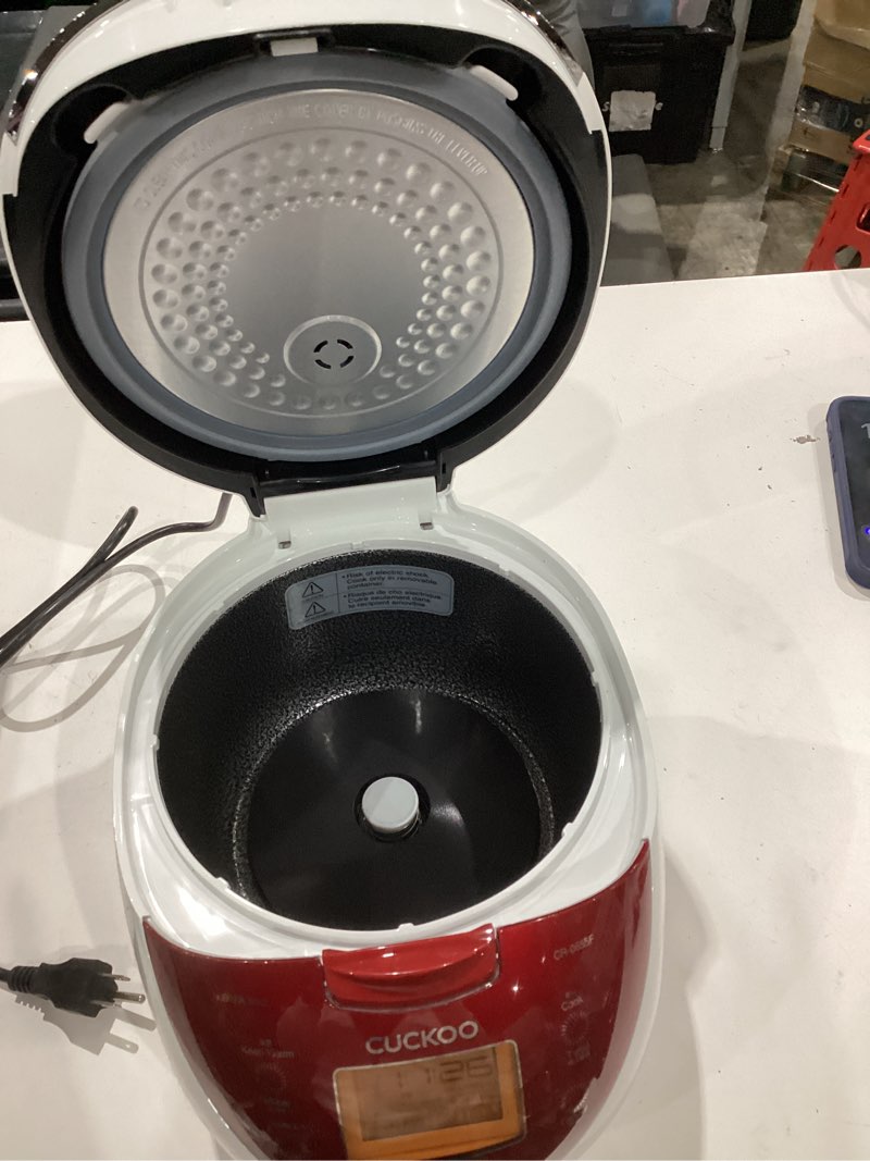 Condition photo showing As Is for incomplete  cuckoo micom rice cooker 6 cup uncooked / 12 cup cooked, fuzzy logic rice maker with delay timer & keep warm setting, versatile food steamer for cooking, non-stick inner pot, red (cr-0655f)