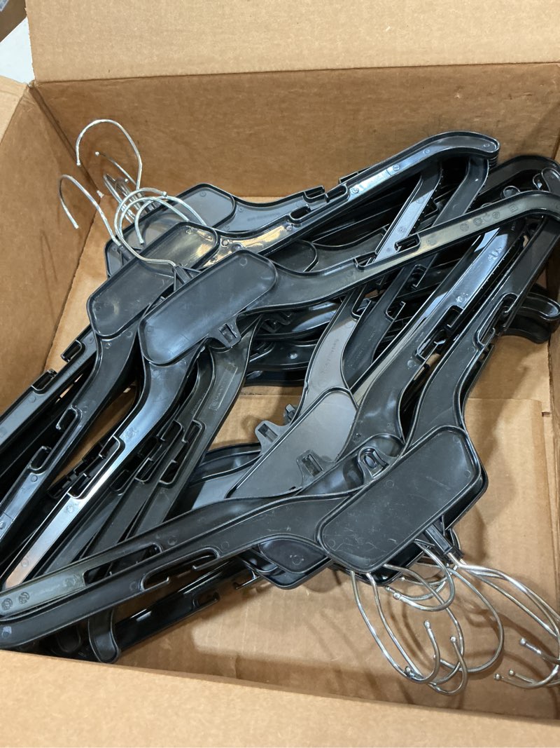 Condition photo showing As Is for hangon shirt hangers recycled plastic with notches, black, 19 inch pack of 25 (horb479)