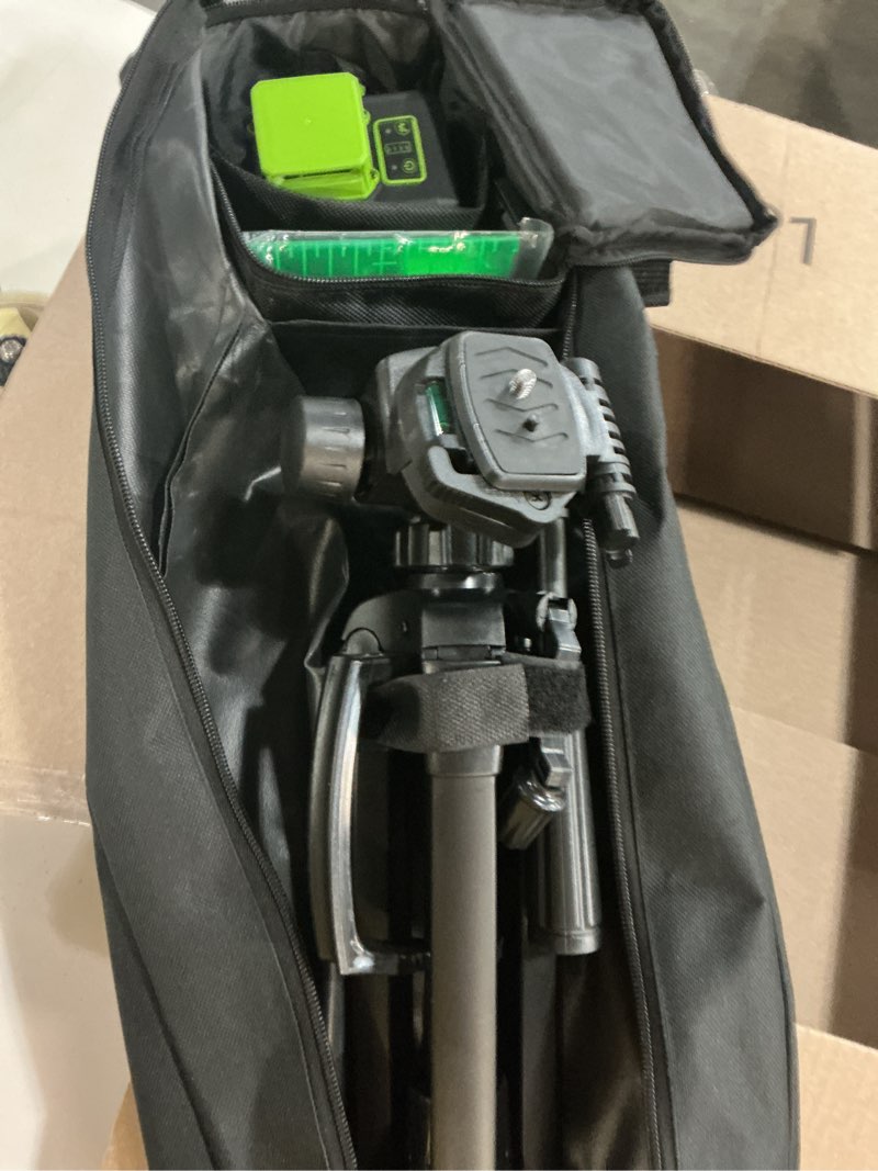 Condition photo showing New/Like New for laser level tripod, huepar 47” tripod for cross line laser distance measures, phone and camera, aluminum professional tripod stand with 1/4" thread mount, carry bag and phone holder, et11 47 inch