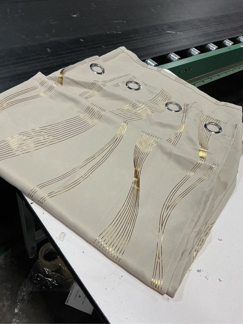 Condition photo showing As Is for myru 2 panels set foil print striped curtains for living room bedroom (beige and gold, 2 x 54wx84l)