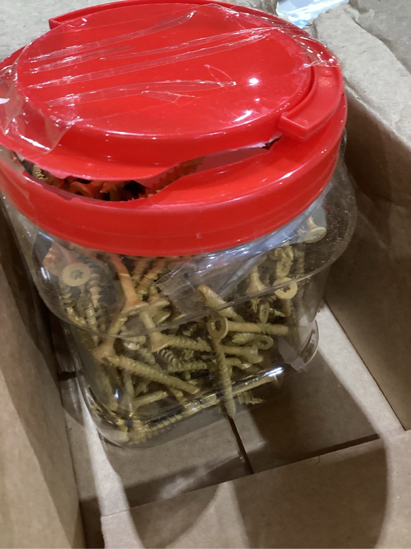 Condition photo showing As Is for 250 pcs(3.8lb), #10 x 3 deck screws, wood screws 3 inch, rust resistant, star/torx drive head, self-tapping point, dampening knurled, outdoor wood screws, t25 star bit included #10x3" tan 250