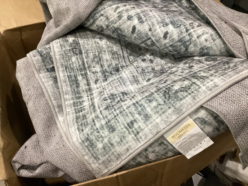 Condition photo showing Good Condition for vintage bordered area rug, grey 5x7 washable living room rug non slip, thin bedroom rug farmhouse retro accent throw rugs for bedroom dining room carpet grey 5' x 7' (rectangular)