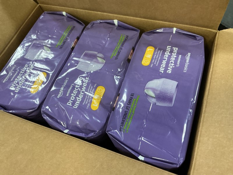 Condition photo showing New/Like New for Amazon Basics Incontinence Underwear for Women, Protective, Disposable, Postpartum, Maximum Absorbency, Large, Lavender, 54 Count (3 Packs of 18) Large 54.0