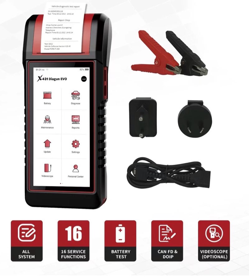 LAUNCH X-431 DIAGUN EVO Battery Tester Scan Tool, All System Diagnostic Tool with 16 Reset Services,