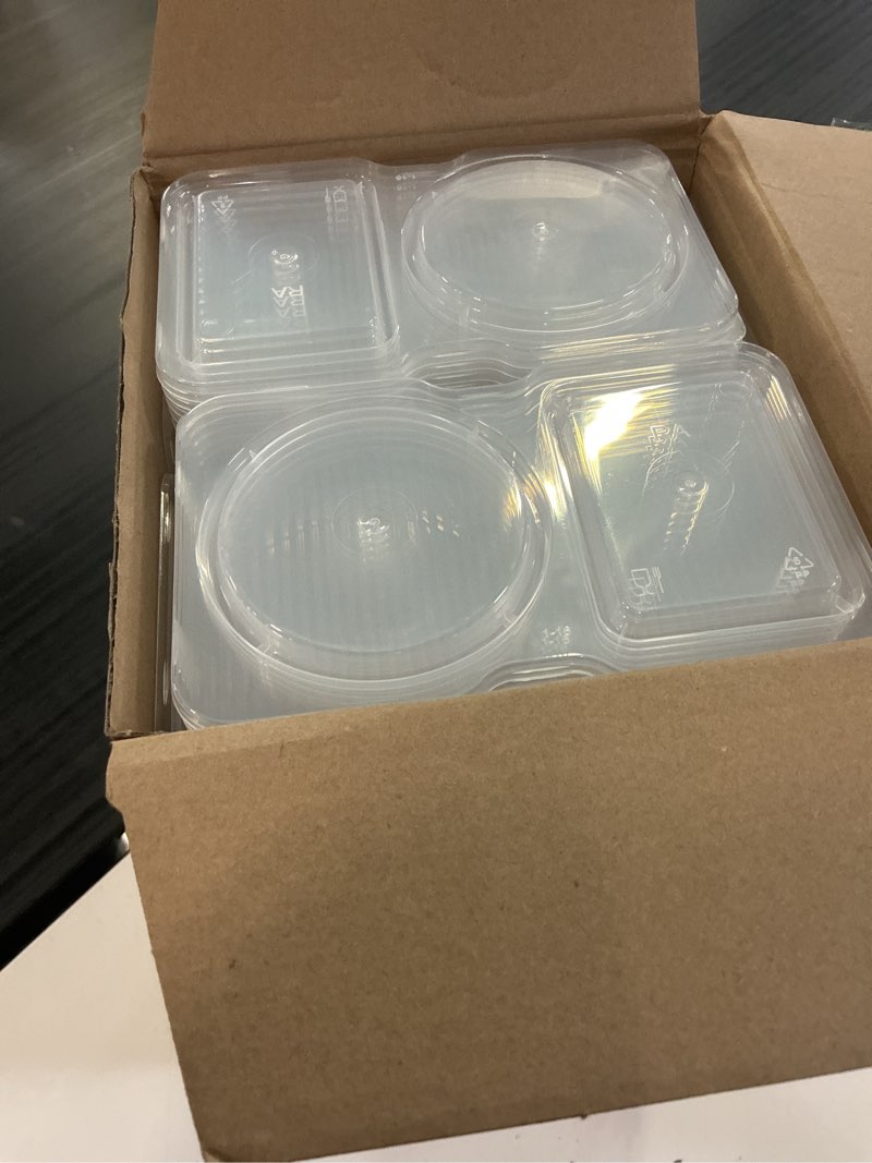 Condition photo showing New/Like New for blushtier 100 pcs pack snack containers with lids, 5 oz double compartment plastic food containers, portable divided snack cups for school, office, meal prep, sauces, dips, on-the-go camping (clear) 100 clear