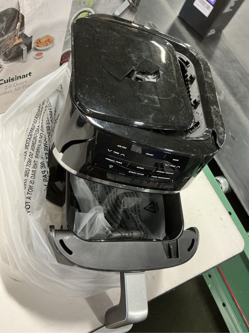Condition photo showing As Is for (Defective) Cuisinart Air Fryer, 2.6-Quart Compact Basket Fryer with 3 Cooking Functions to Air Fry, Roast, and Bake, 3 Airfryer Presets, Dishwasher-Safe Parts, AIR-80, Stainless Steel & Black 2.6 Qt. Window
