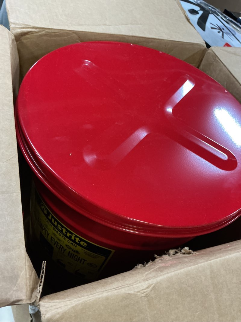 Condition photo showing New/Like New for justrite 6 gallon galvanized steel oily waste can, 16" x 12" metal oil rag safety can with foot operated self-closing lid for oil rag disposal, made in the usa, red, 09100 red 6 gallon foot-operated lid