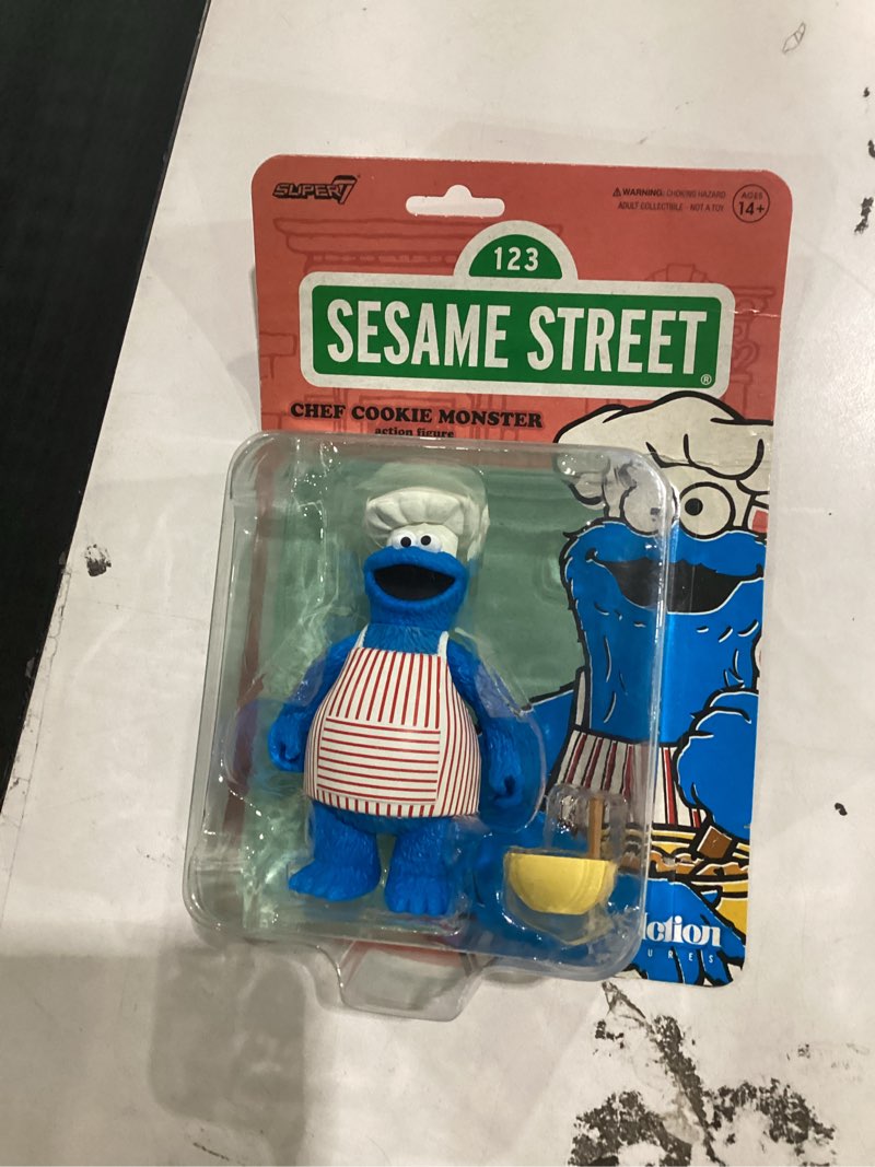Condition photo showing New/Like New for super7 reaction figure sesame street chef cookie monster - 3.75" sesame street action figure with accessory - classic tv show collectibles and retro toys