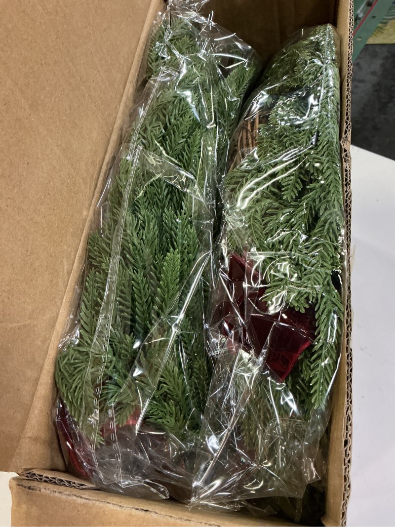 Condition photo showing New/Like New for 2 pack christmas wreath for front door, artificial pine cedar holiday wreath with red bow, winter greenery wreath for indoor outdoor home decoration