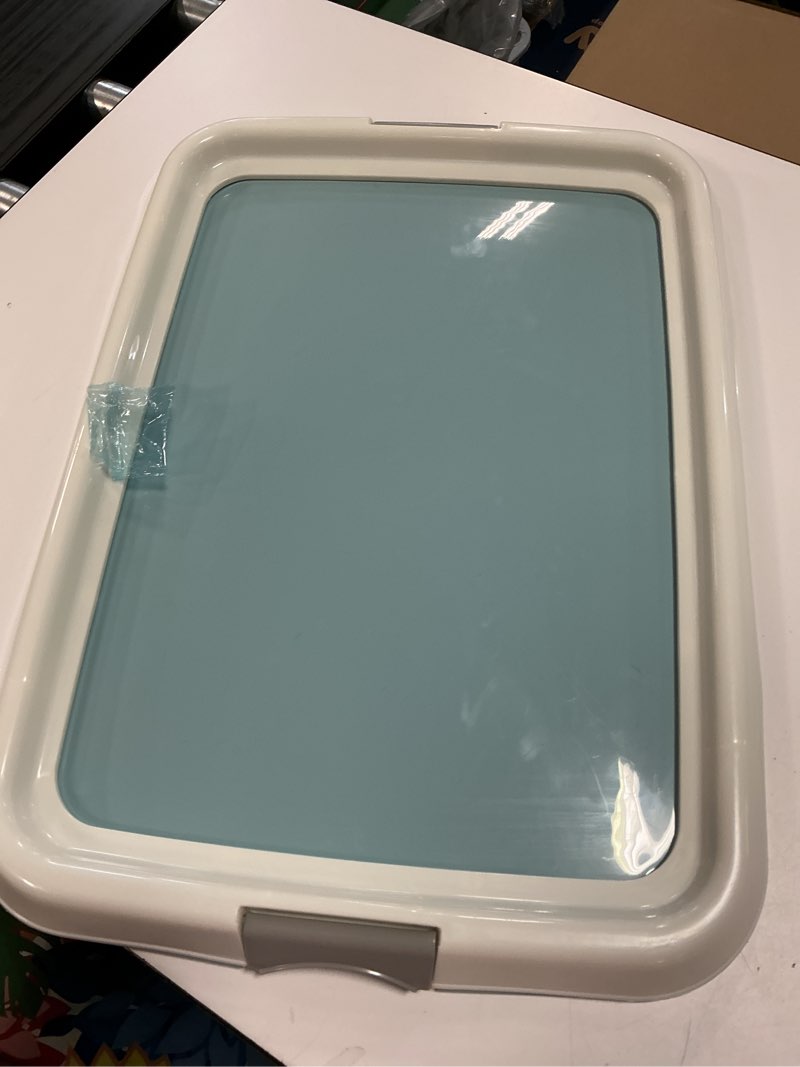 Condition photo showing As Is for IRIS USA Pee Pad Holder - for Large Sized Dog and Puppy Pee Pads, Secured Latches, Non-Skid Feet, High Polish Finish for Easy Cleaning, Leak Protection, Fits 18\"x24\" Pad or Larger, Square, Blue Large Blue