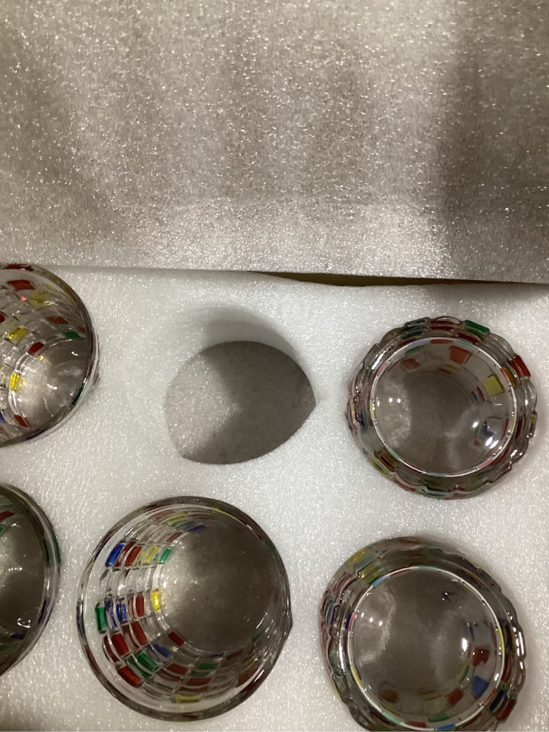 Condition photo showing Good Condition for set of 6 or 5 hand-painted colorful glass tumblers, drinking glassware, cocktail glasses for iced coffee juice tea beverage milk wine with artistic design woven-bag design set of 6