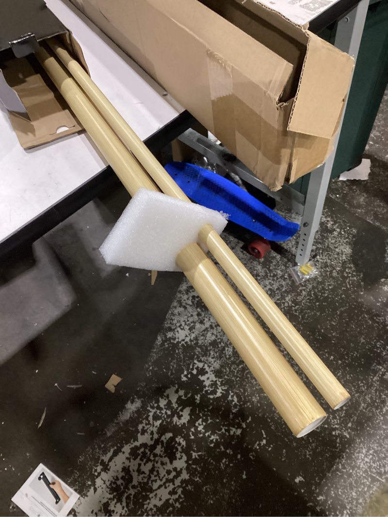 Condition photo showing Good Condition for 1-1/8 inch diameter light wood curtain rods with cap finial, 36-72'' telescoping faux wood design double curtain rods for window width 24-68 inch, 1 pack light wood 36-72''