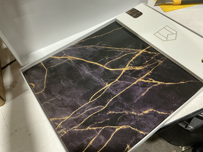 Condition photo showing As Is for set of 4 heat resistant cork placemats for dining table with free set of 4 matching drink coasters marble design 16 x 12 inches cork backed hard placemats (black & gold) black & gold marble