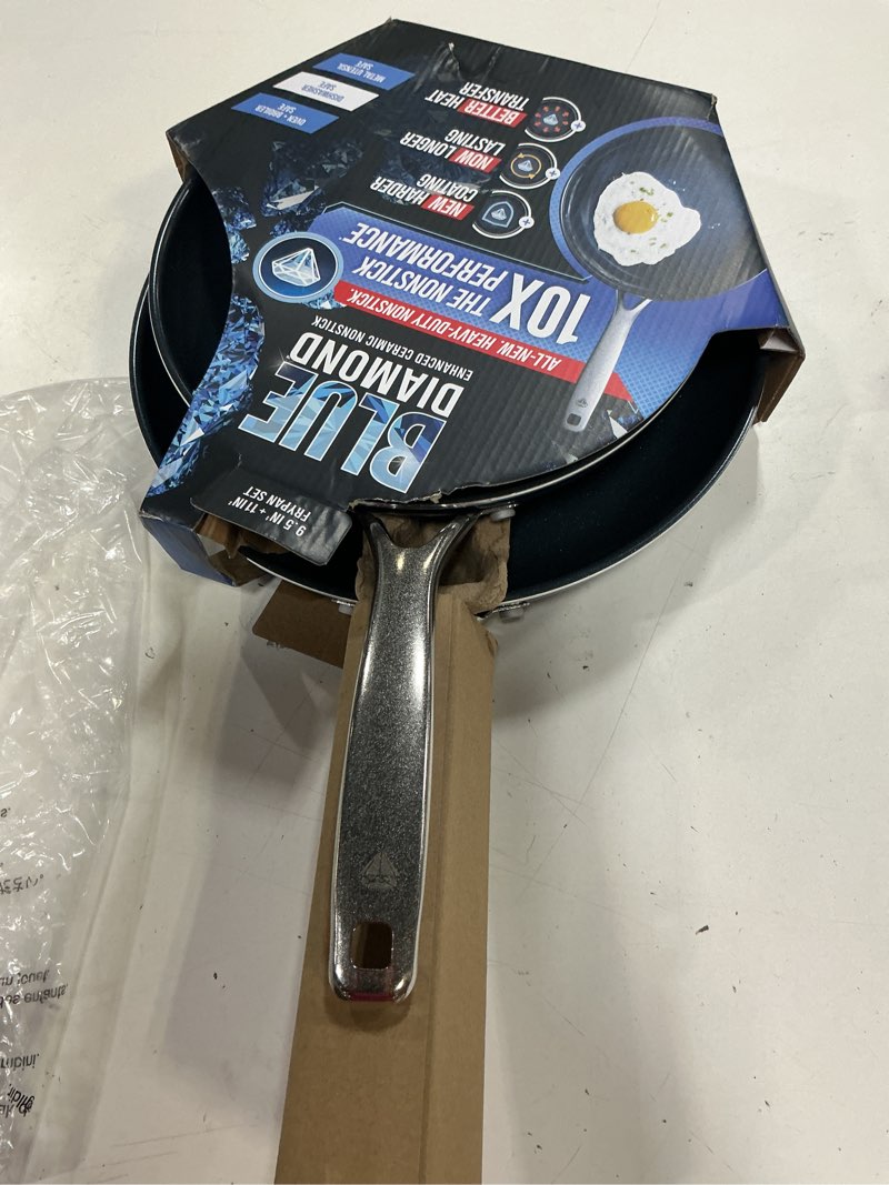 Condition photo showing New/Like New for blue diamond 2 piece nonstick frying pan set, 9.5” & 11" skillets, pfas-free ceramic, dishwasher & oven safe, stainless steel handle, durable metal utensil safe, egg & omelet pans, blue blue 9.5" and 11" frying pan skillet set