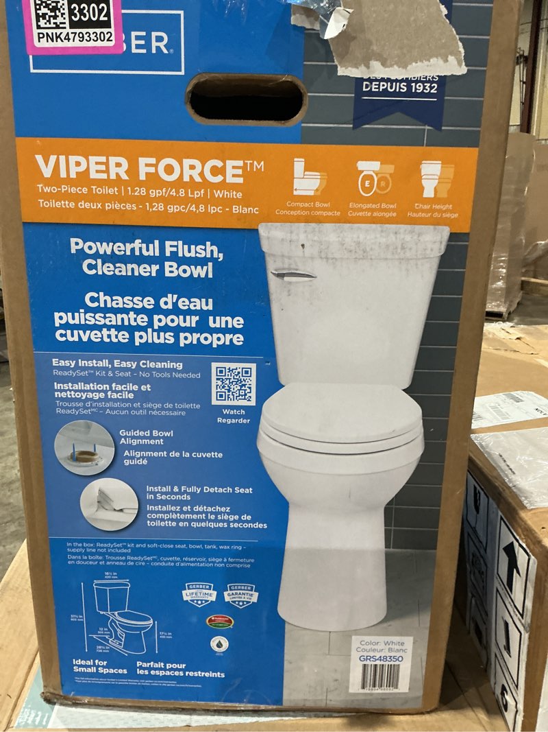 Condition photo showing New/Like New for viper force 12 in. rough-in 2-piece 1.28 gpf single flush compact elongated chair height toilet in white seat included