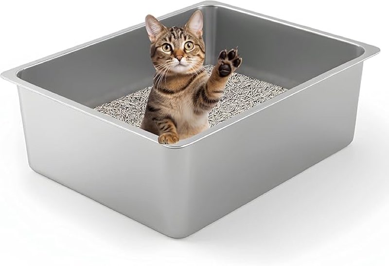Stainless Steel Cat Litter Box, Anti-Odor & Scratch-Proof Open Top Kitty Litter Pan, Non-Stick Easy 