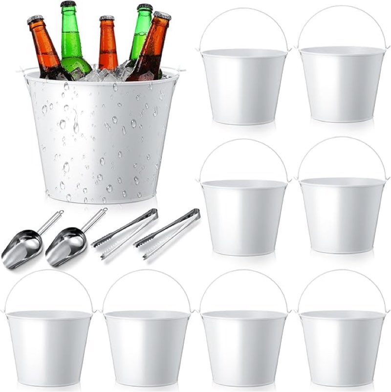 zopeal 12 pcs metal beer buckets with ice shovels and tongs stainless steel ice bucket with handle round pails for summer pool wedding table centerpiece party supplies(white)