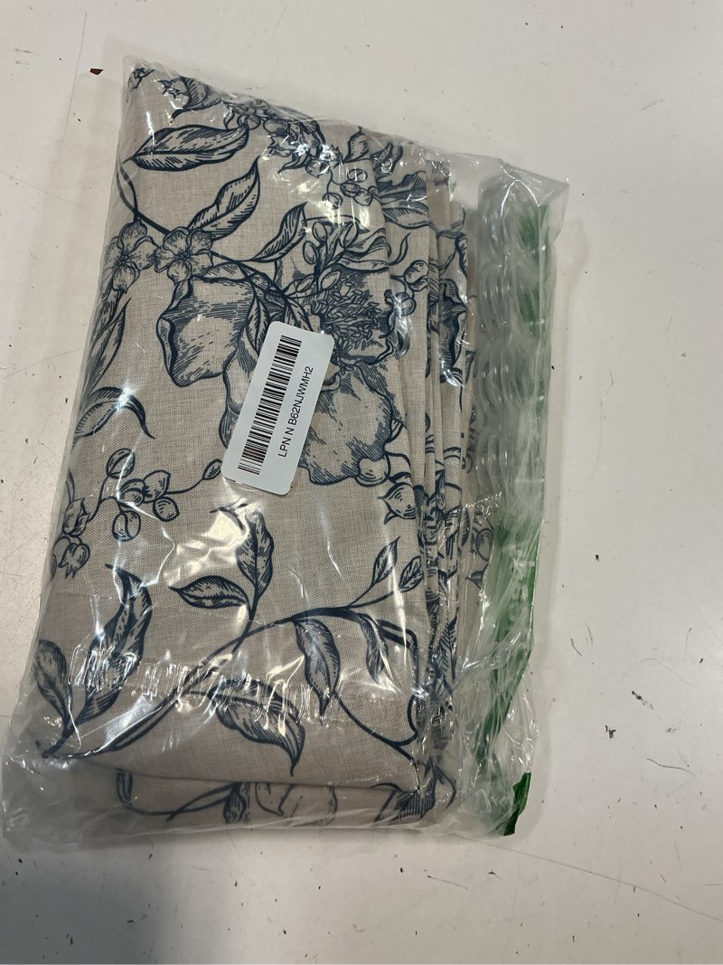 Condition photo showing New/Like New for farmhouse blue floral shower curtain with 12 clear rings, fabric faux linen shower curtain set, vintage cottagecore shower curtain for bathroom 72" w x 84" l blue 72"w x 84"l (pack of 1)