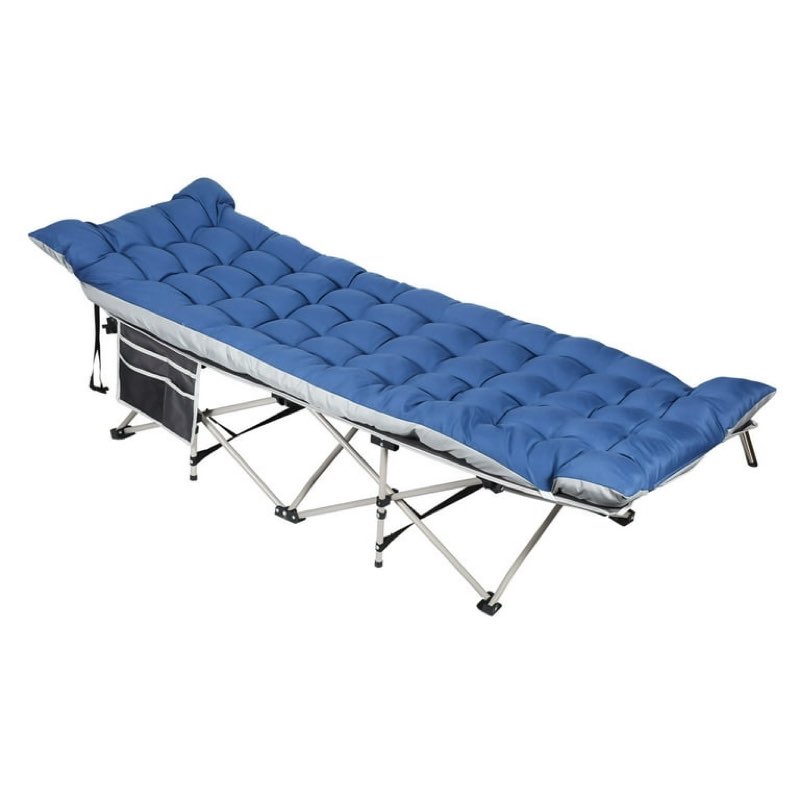 portable camping cot with mattress, folding sleeping cot heavy duty fold up camp bed, blue