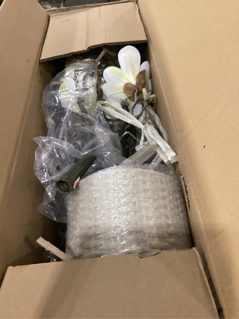 Condition photo showing Good Condition for 4 ft Faux Magnolia Plant Artificial Flower Trees Fake Plants for Yard Patio Home Office Arrangement Decor Artificial Magnolia Tree Inc. 66 Realistic Flowers Vivid Leaves Mosses Lighting White Pot 4ft 4ft(with Light)