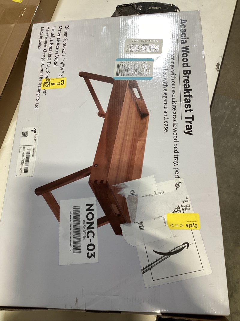 Condition photo showing New/Like New for extra large folding bed tray table, 22’’ x 14’’ acacia wood breakfast tray, food serving tray with legs for eating in bed
