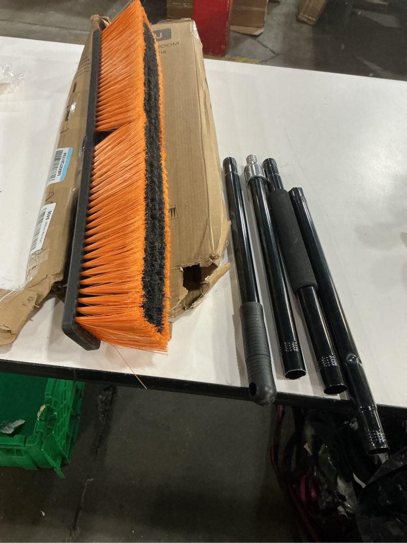 Condition photo showing As Is for PBHEPJ 24 Inchs Push Broom Outdoor Heavy Duty, Shop Broom with 60\" Long Handle for Cleaning Outdoor or Indoor Tile, Garage, Shop, Deck, Concrete, Wood, Stone, Patio Floor, 2 Pack (missing parts)