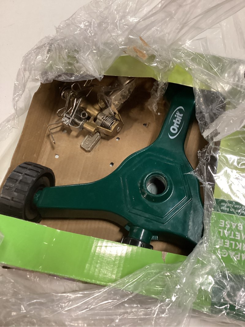Condition photo showing As Is for orbit 56186n lawn and garden 1/2-inch brass impact sprinkler with metal wheel base