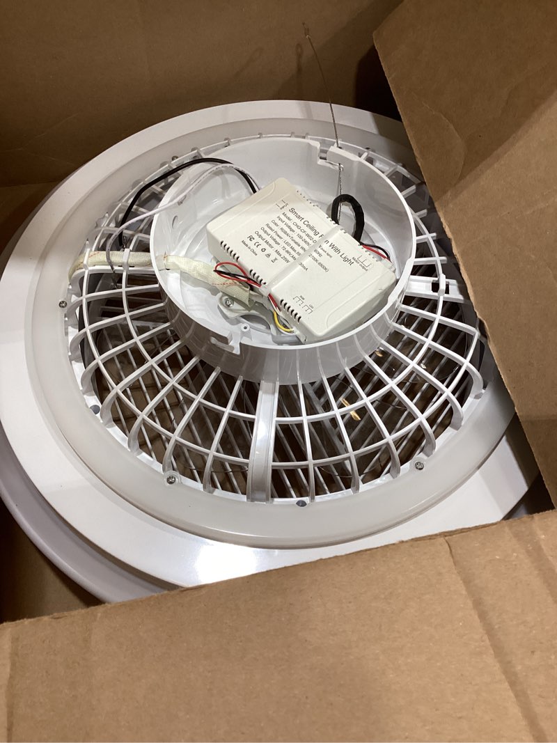 Condition photo showing As Is for smart low profle ceiling fans with rgb lights remote/app/voice control, 20" bladeless ceiling fans with 6 speeds, timer, quiet dc motor, ceiling fan with light for kids bedroom/living room white rgb