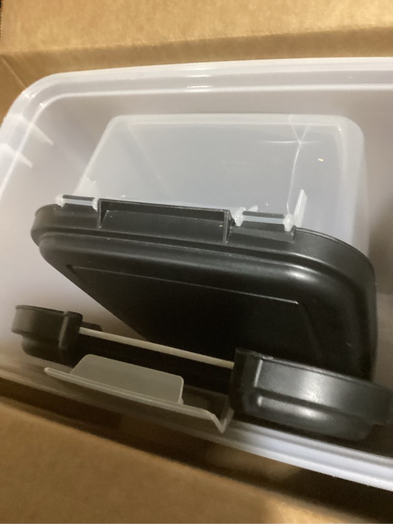 Condition photo showing Good Condition for IRIS USA Dog Food Storage Container, 30 lbs & 11 lbs Combo, Cat Food Storage Container, Dog Treat Container, Airtight, Stackable, 2-Cup Scoop, Wheels, Easy Mobility, Black 30 lbs + 11 lbs Black