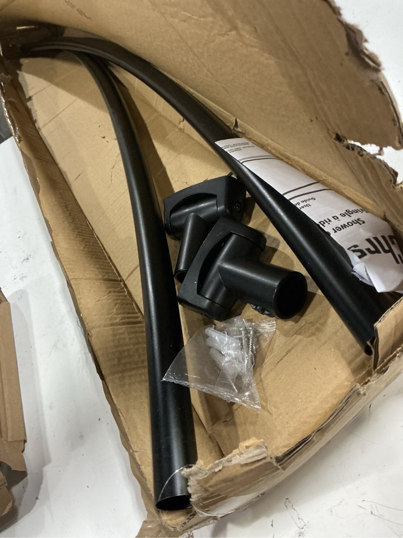 Condition photo showing Good Condition for chrsouly adjustable 50-85 inches curved shower rod, extra wide, rustproof, round shower curtain rod for bathroom, shower stall, need to drill, black black 50-85 inches