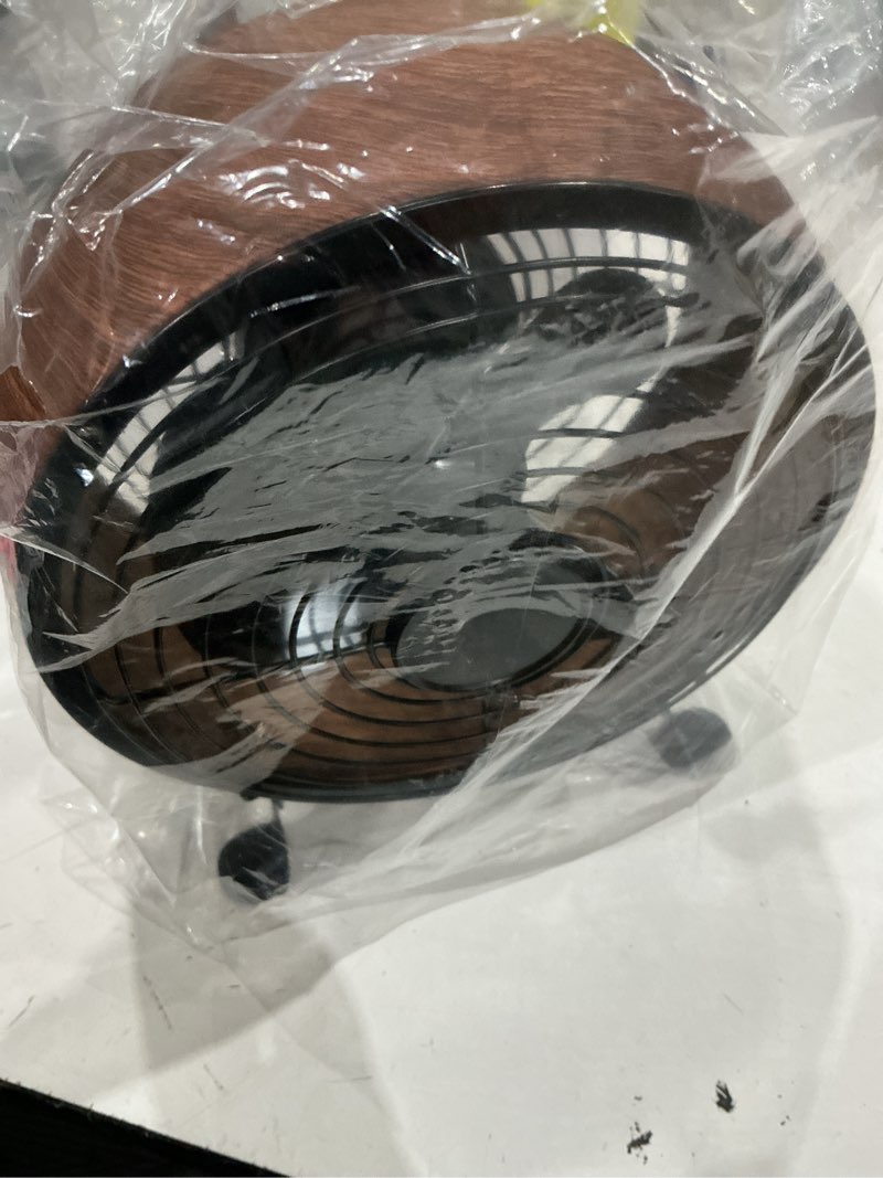 Condition photo showing As Is for better homes & gardens 5” retro small fan with 3 speed settings, usb-c plug, adjustable tilt, vintage fan for home and bedroom, wood grain