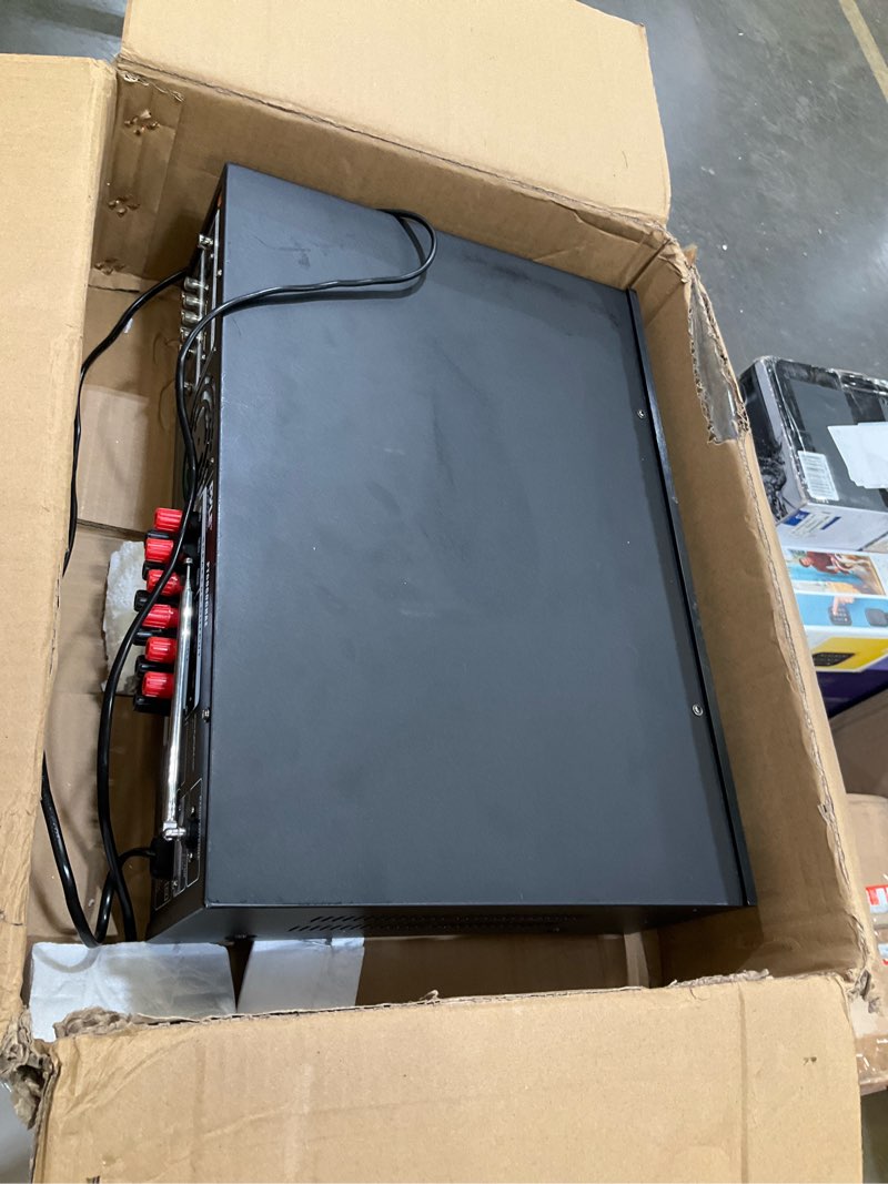 Condition photo showing As Is for pyle bluetooth hybrid home amplifier - 6-channel 2000w rack mount power amplifier receiver w/ radio - dual 10 band eq, karaoke microphone x2, usb, rca, coax, opt, dvd inputs, hidef input and output 6 channel amplifier 2000w amplifier